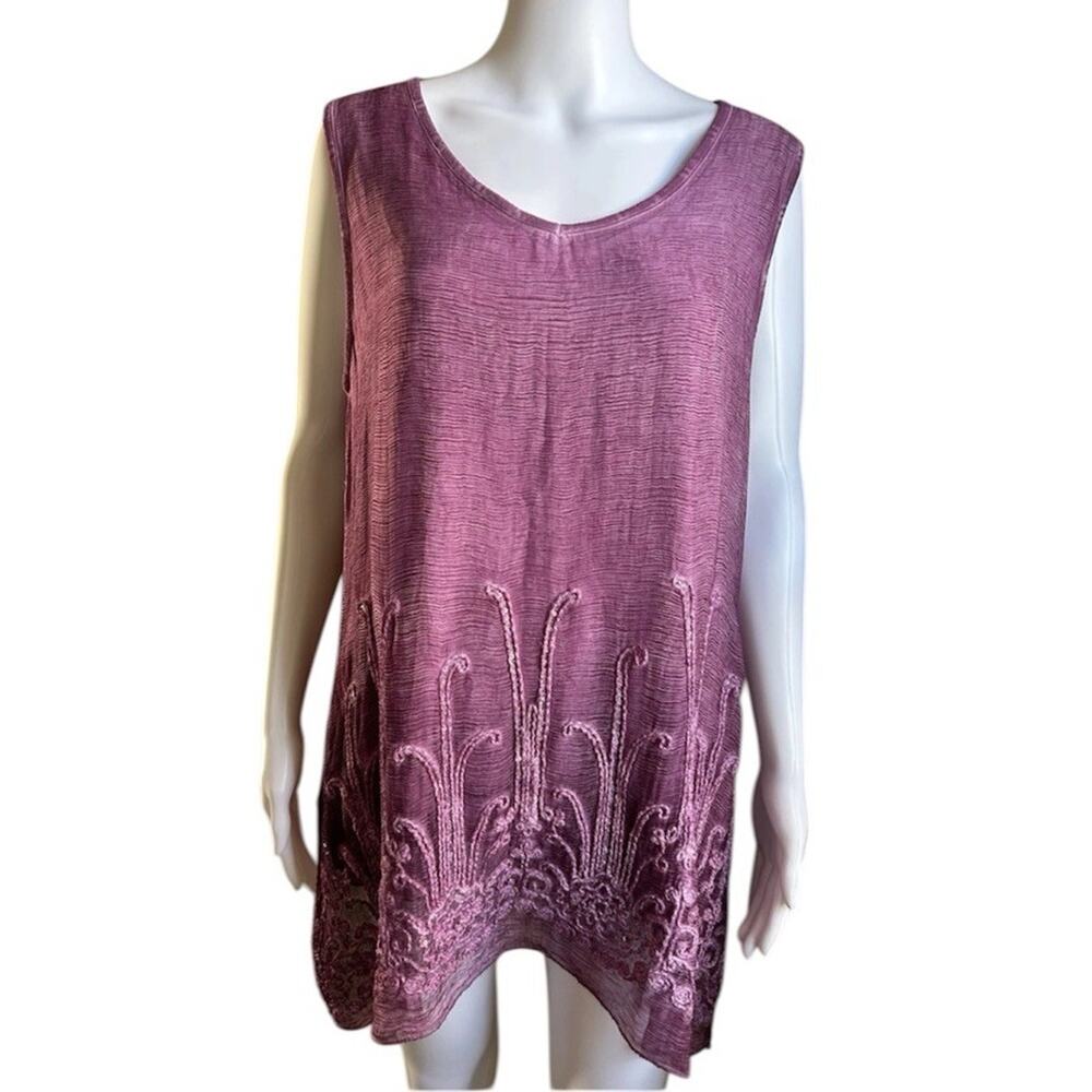 Soft Surroundings 100% Silk Top Womens L Purple Embroidered Long Tunic Boho EUC